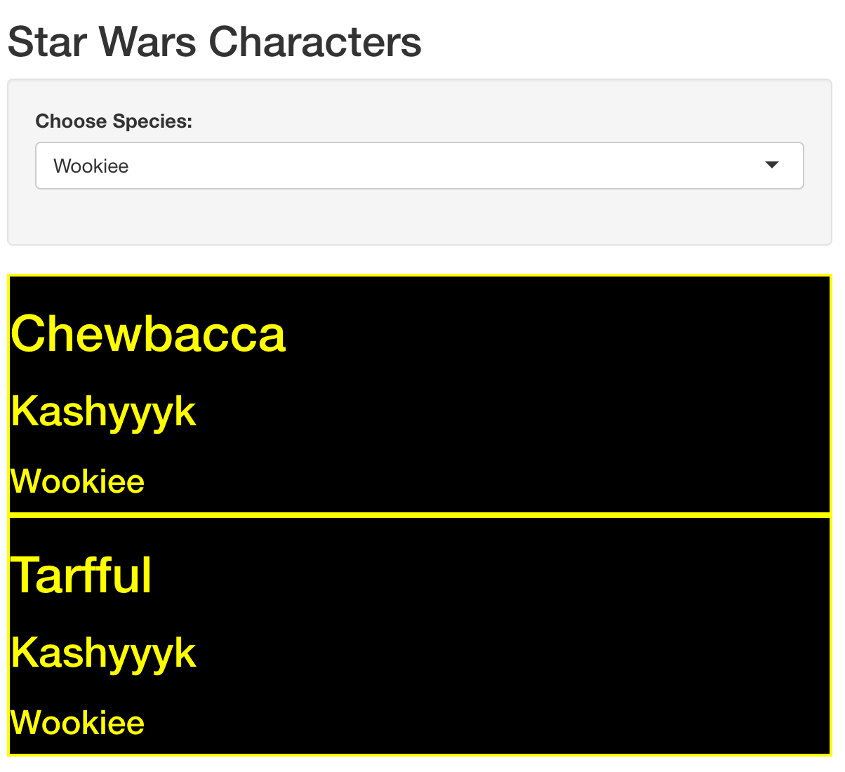 image of a list of characters from starwars details in yellow with a black background